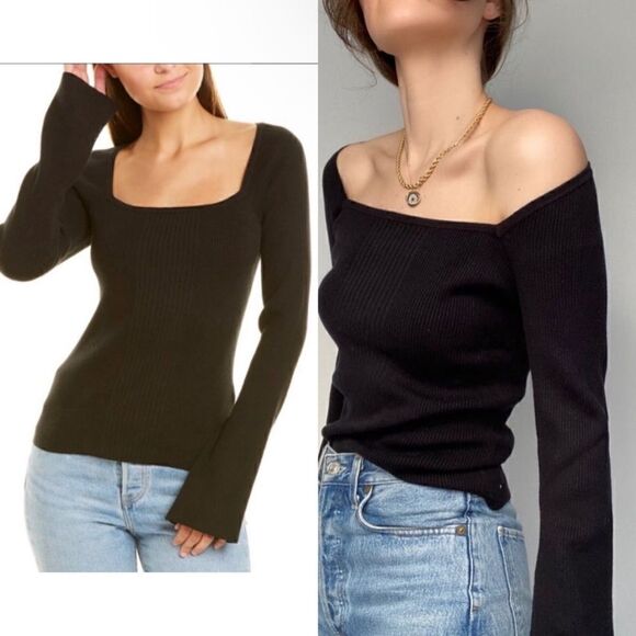 Frame NWT Silk Blend Bell Sleeve Square Neck Rib Knit Fitted Black S MSRP $278 - Picture 2 of 8